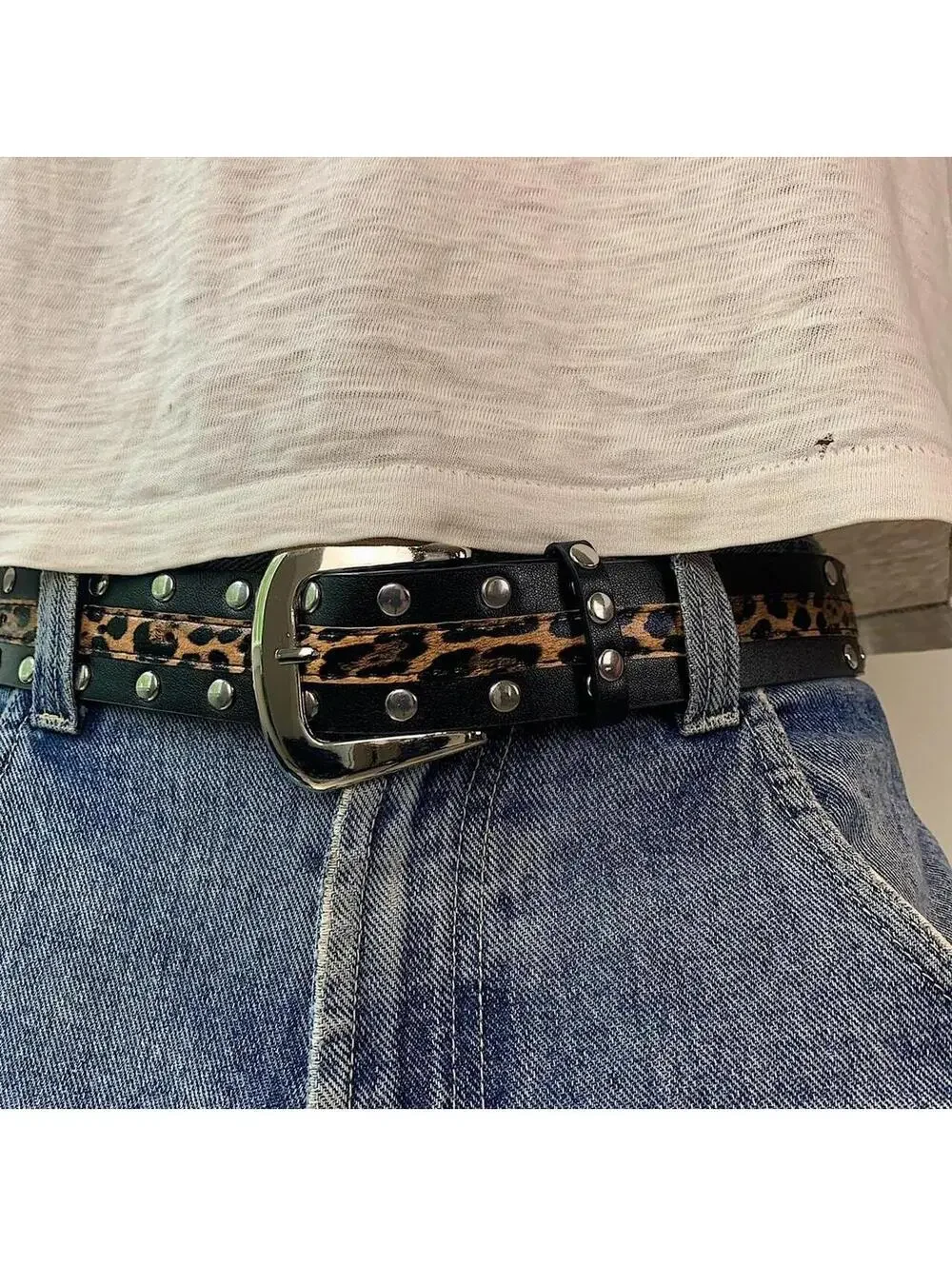 Cheetah print studded silver belt buckle belt. Punk gothic y2k style. 37 inches